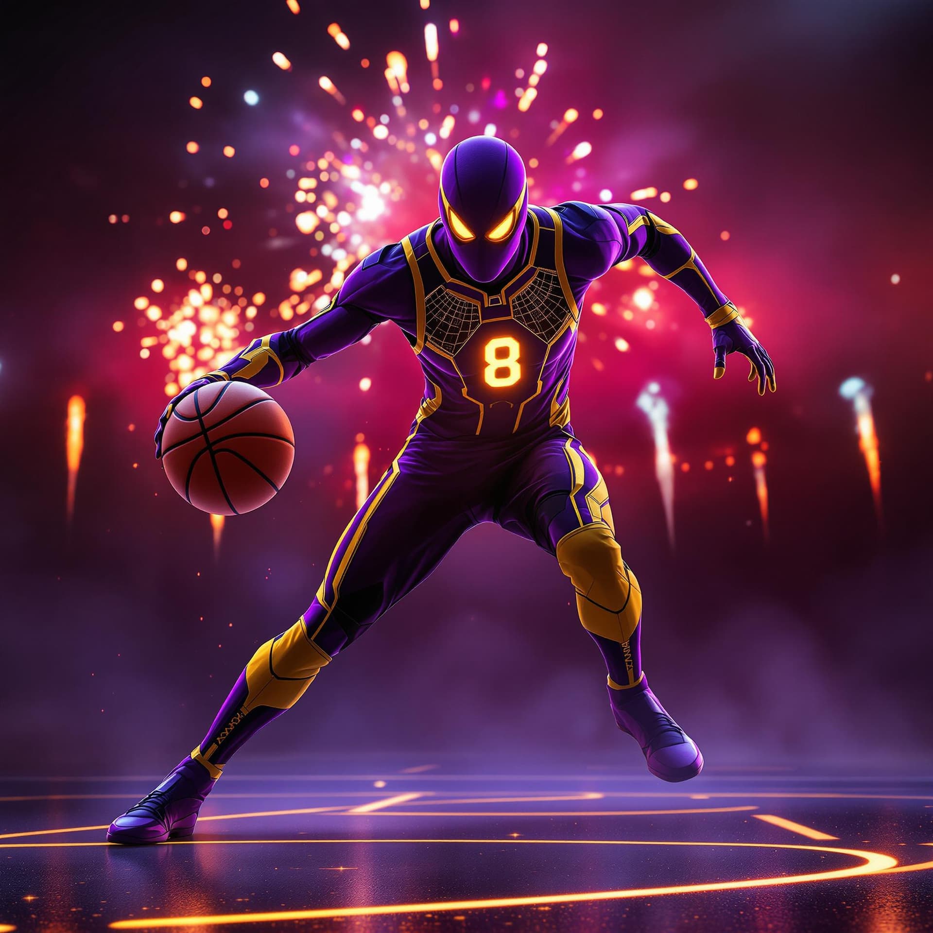 AI generated: FUTURE BASKETBALL PLAYER IN A TIGHT PURPLE WITH YELLOW SUPERHERO SUIT WITH A FACE MASK AND THE NUMBE...