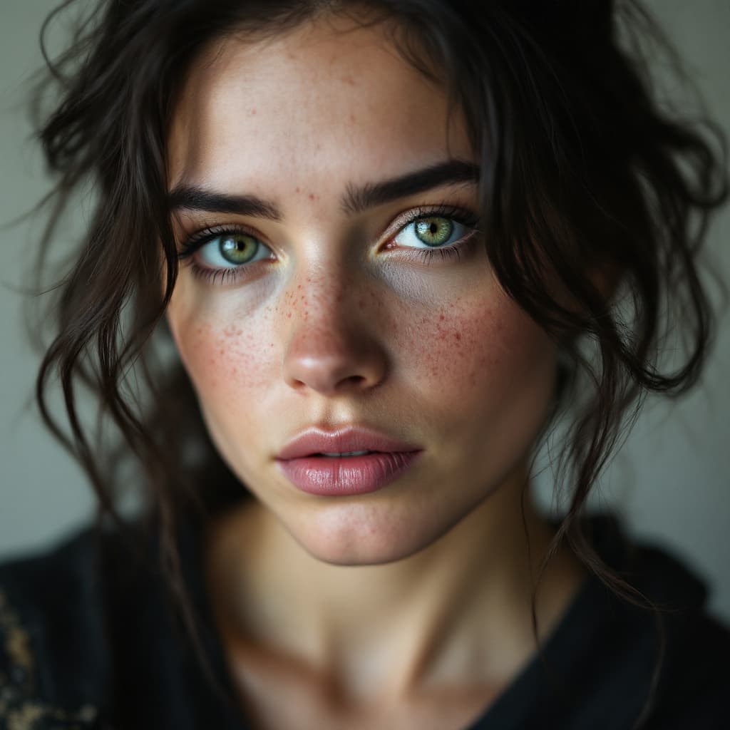 AI generated: Close-up portrait of a woman with green eyes, light freckles, and dark hair styled in loose tendrils...