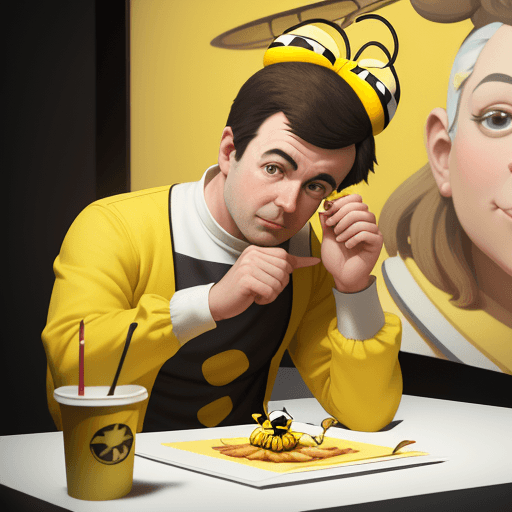 AI generated: 3d model of a cartoon bee in yellow outfit holding , french fries in the style of ilya kuvshinov, se...