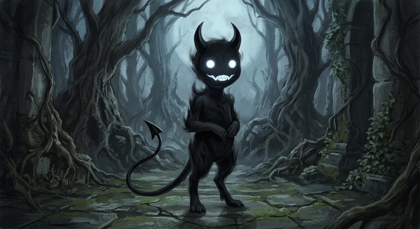 AI generated: a small black basic demon with glowing white eyes and glowing white sharp teeth and little black dev...