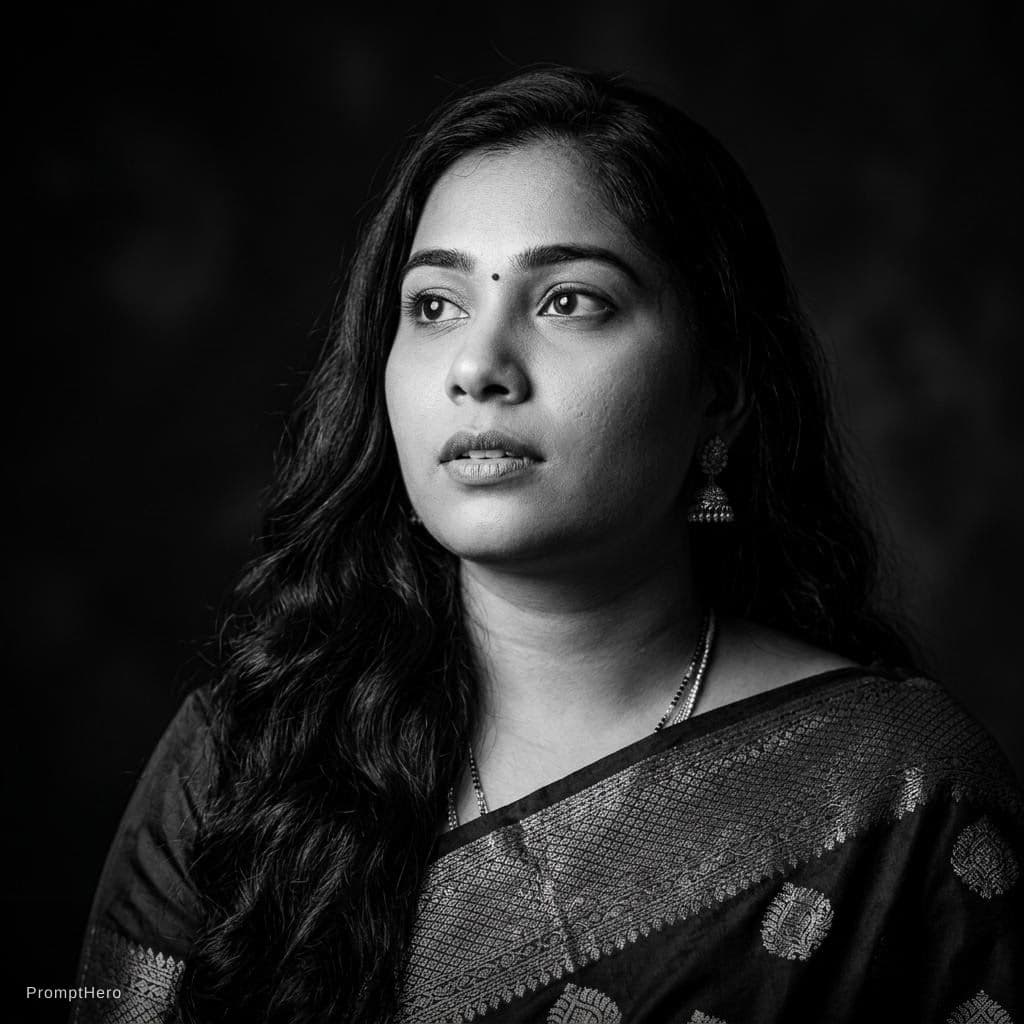 AI generated: Portrait of a woman with long, wavy hair, looking up and to the side. Black and white with strong ch...