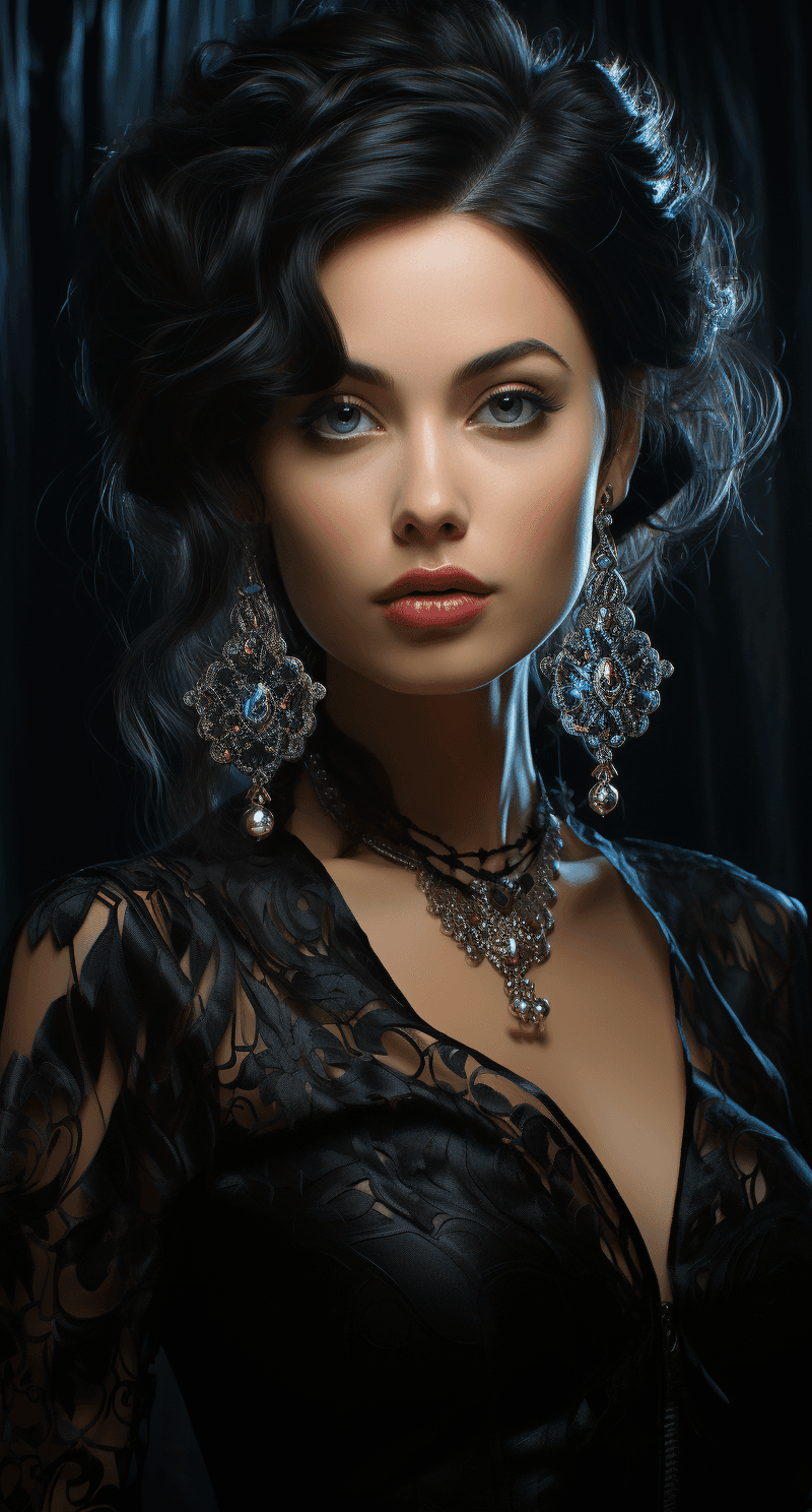 AI generated: a woman with black earrings is holding a pendant, in the style of enchanting realms, darkerrorcore, ...