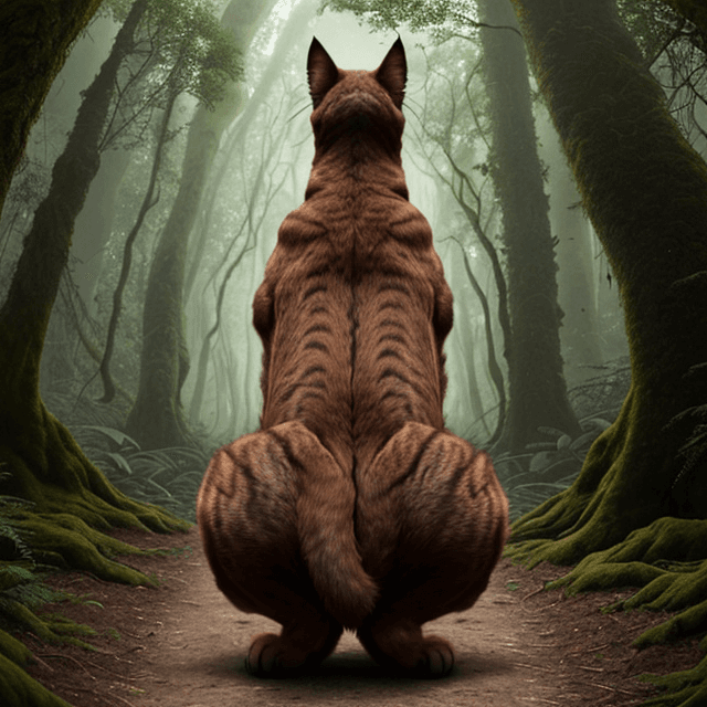 AI generated: back view of a nice, wise, giant brown cat dancing on rare paws in a  prehistoric forest,  back view...