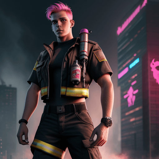 AI generated: male firefighter in cyberpunk style, warrior, on the background of pink unicorns, rainbow
