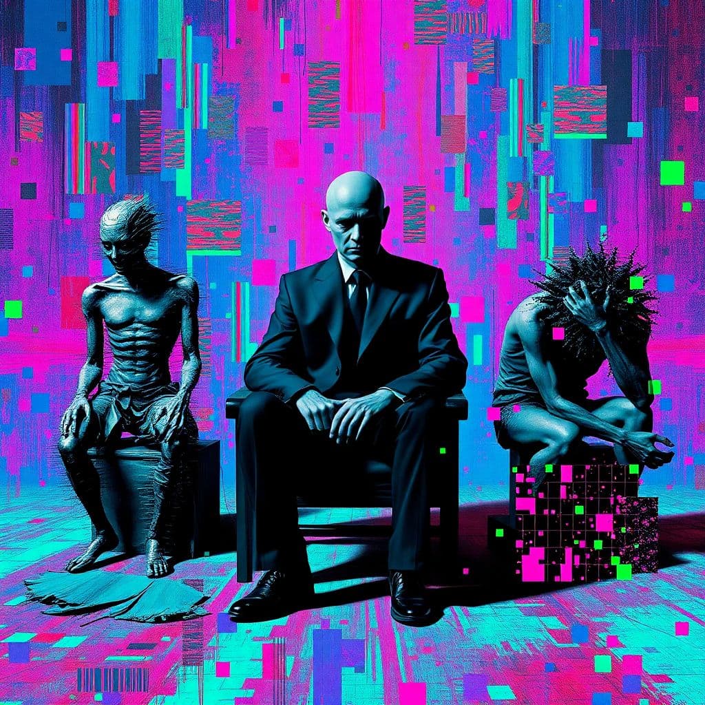 AI generated: A surreal, abstract artwork with a heavy emphasis on glitch aesthetics. Three distorted figures domi...