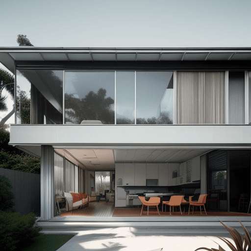 AI generated: Hyper realistic eye level exterior photo of a mid century modern style house overlooking the ocean, ...