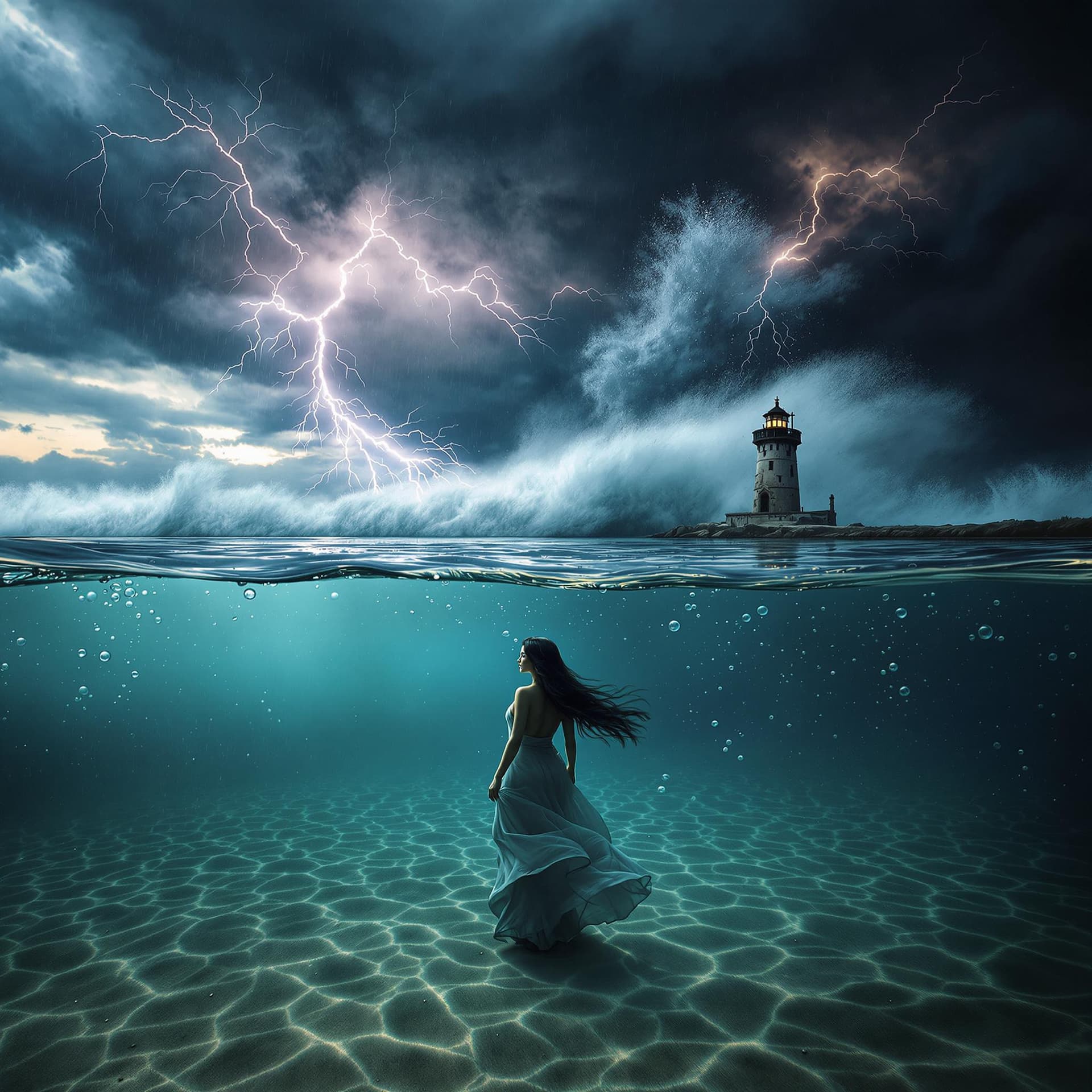 AI generated: A cinematic split-frame composition where the lens is half-submerged underwater. Below the surface, ...