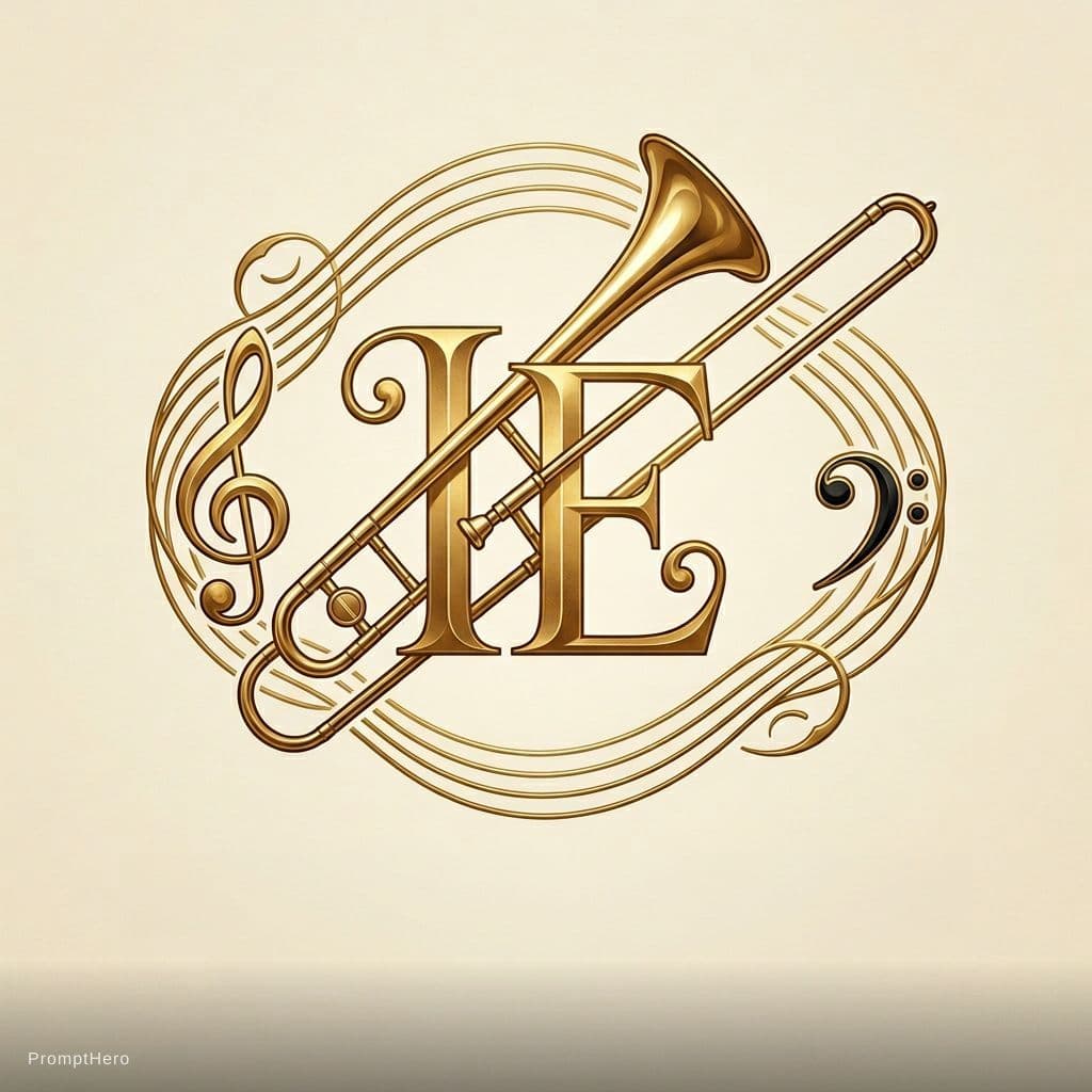 AI generated: "A luxurious, bespoke logo for a premium trombone store. In the center, the initials 'IE' are elegan...