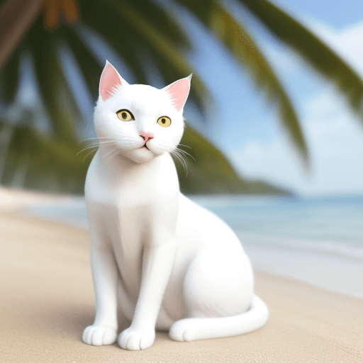 AI generated: a white cat in the summer on the beach