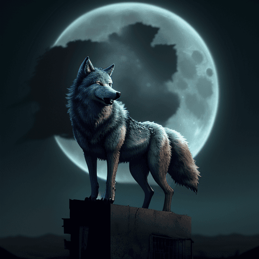 AI generated: a wolf on a post apocalyptic landscape, howling at the moon which is broken in two parts