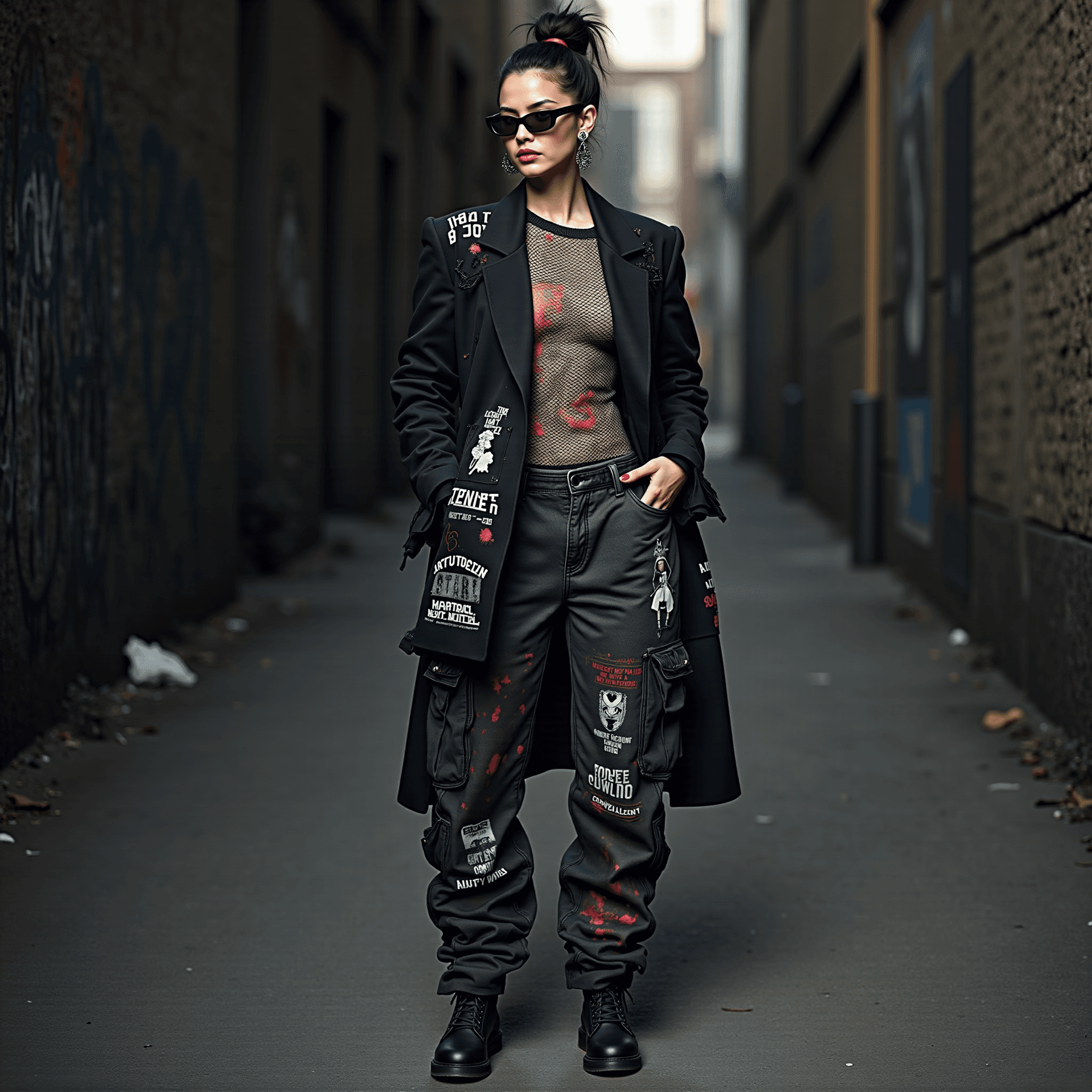 AI generated: A cinematic, realistic fashion portrait of a woman wearing a full avant-garde streetwear ensemble th...