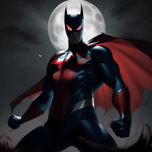 AI generated: we are seeing a white skin vampire man like superhero, in a red and blue sleeveless superhero type s...