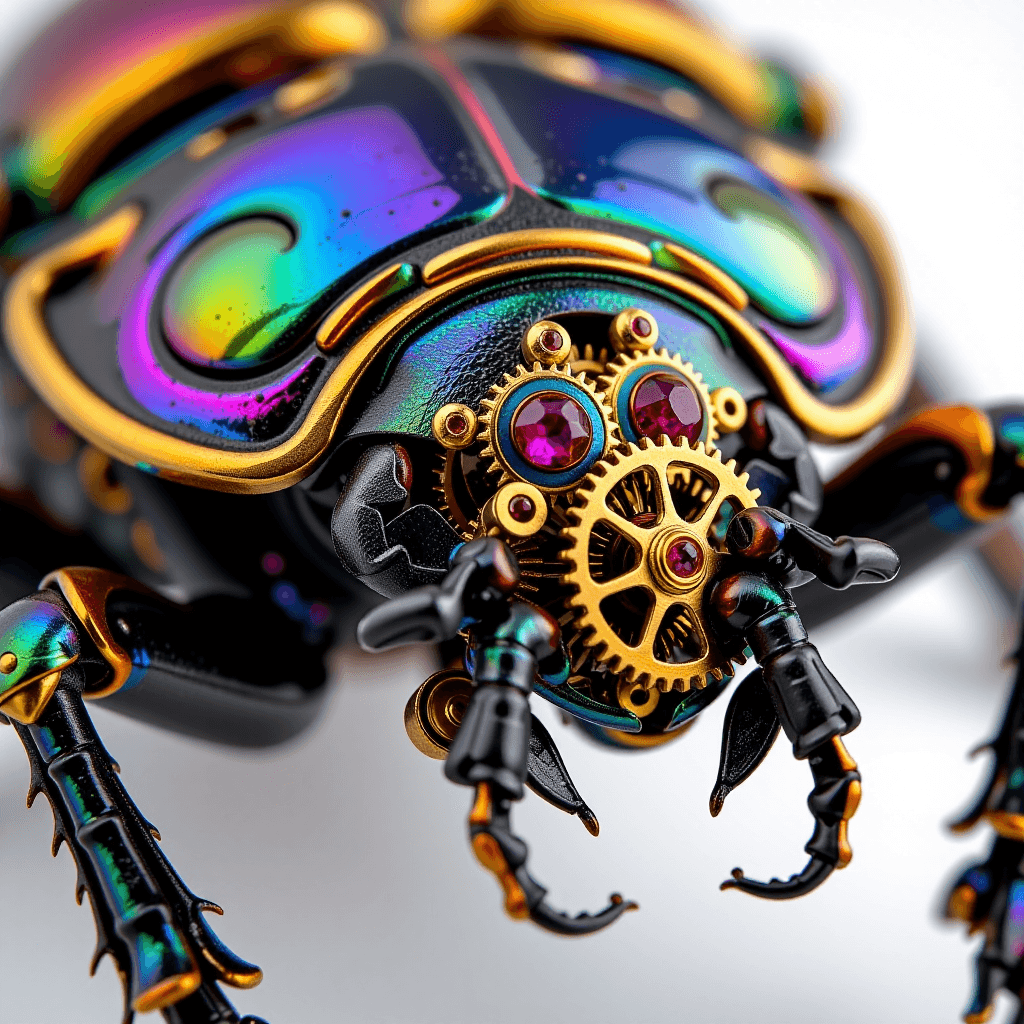 AI generated: An extreme close-up, macro photograph of the inner workings of a magical, clockwork beetle. Intricat...