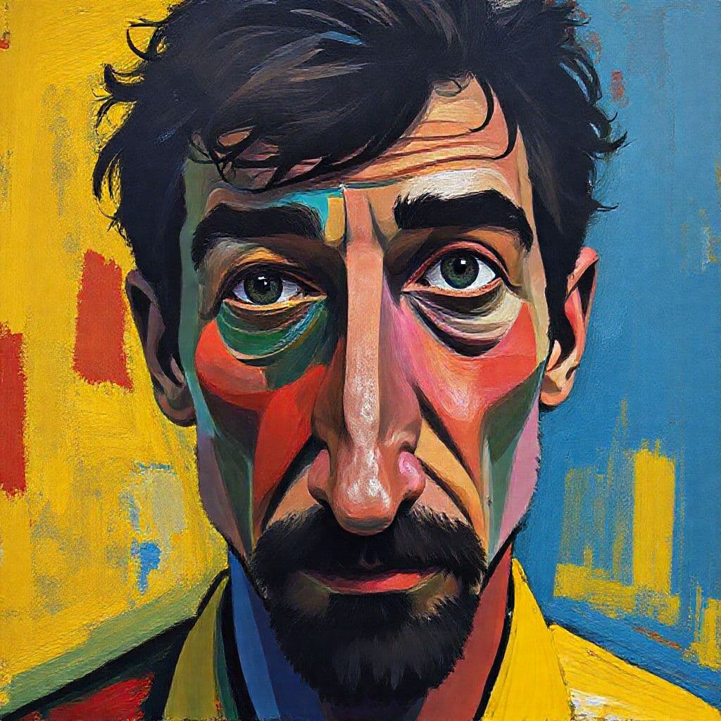 AI generated: man's face, pable picasso, cubism, vibrant colors --chaos 75 --ar 1:2 --style raw --profile rsy6uq9 ...