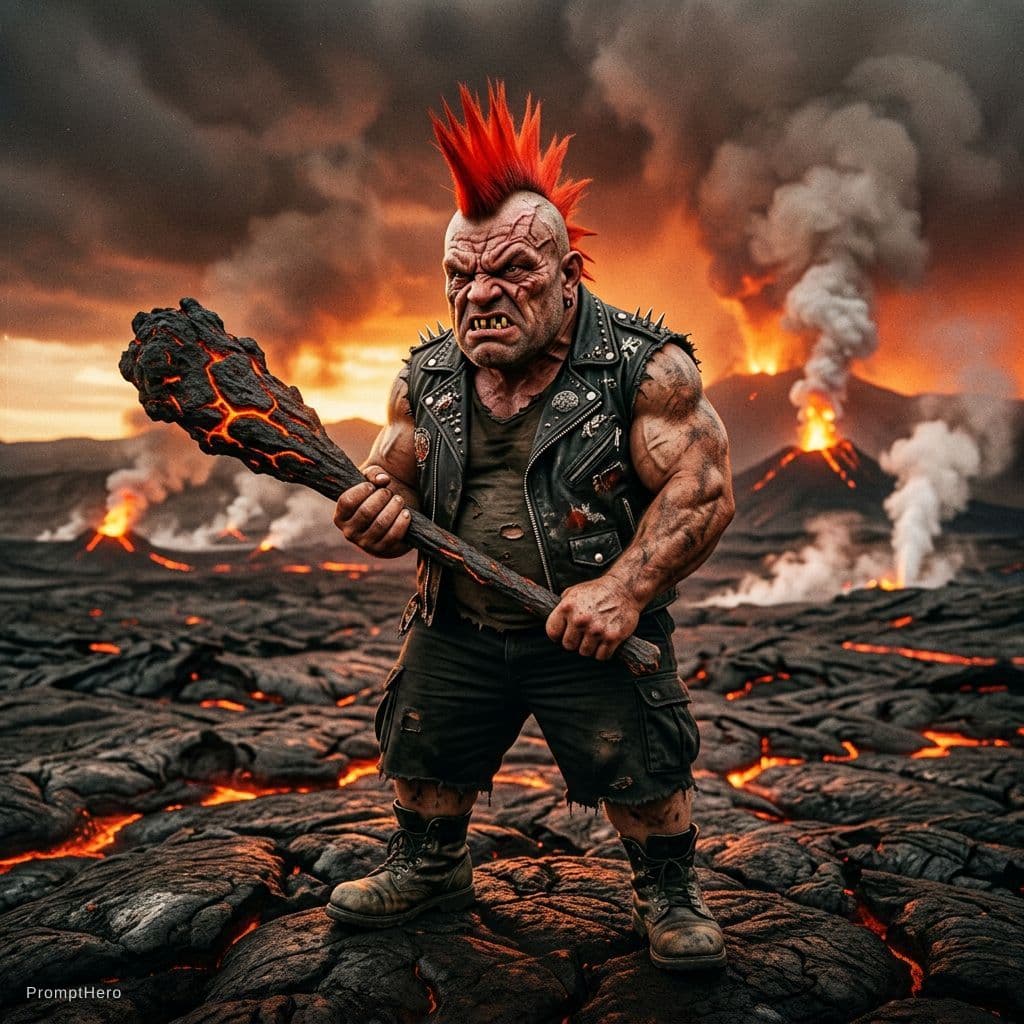 AI generated:  A squat, hulk-like punk with a searing red mohawk standing on cracked lava fields beneath ominous b...