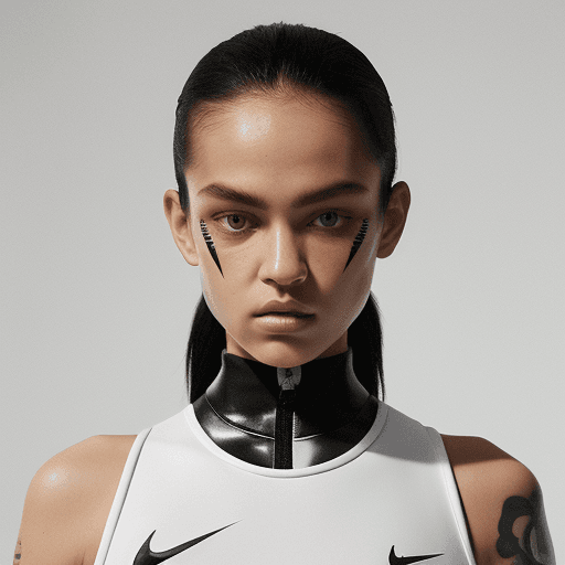 AI generated: Symetrical ultra Closeup of a dope faced tattoed model, dark mirror glazed Nike sport outfit, Minima...