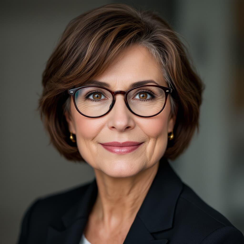 AI generated: realistic, professional looking woman in her late fourties, wearing glasses, brown short hair, brown...