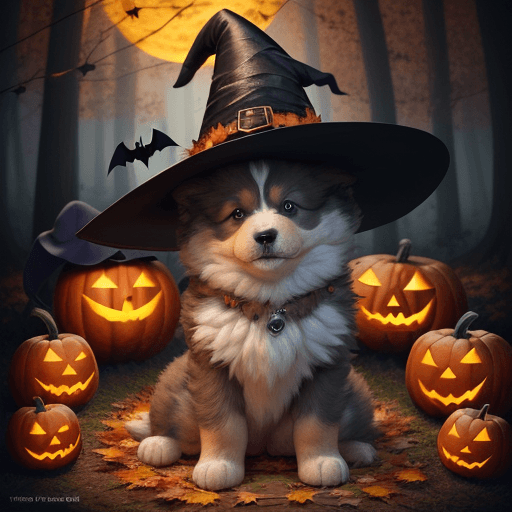 AI generated: a cute and adorable fluffy puppy wearing a witch hat in a halloween autumn evening forest, falling a...