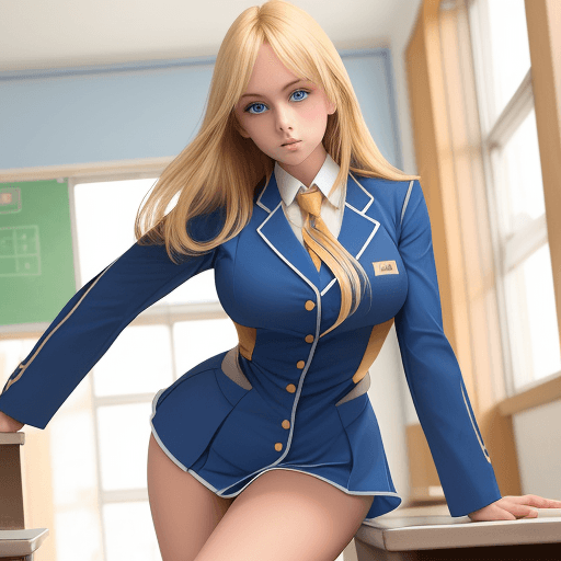 AI generated: girl blondie blue eyes body curved uniform school