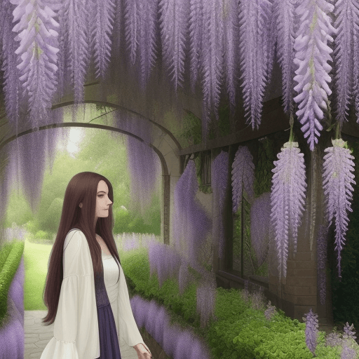 AI generated: Landscape with wisteria, woman