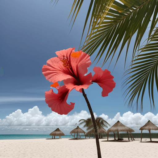 AI generated: primer plano,hibiscus rojo amarillo naranja, día, en segundo plano playa transparente arena, nubes, ...