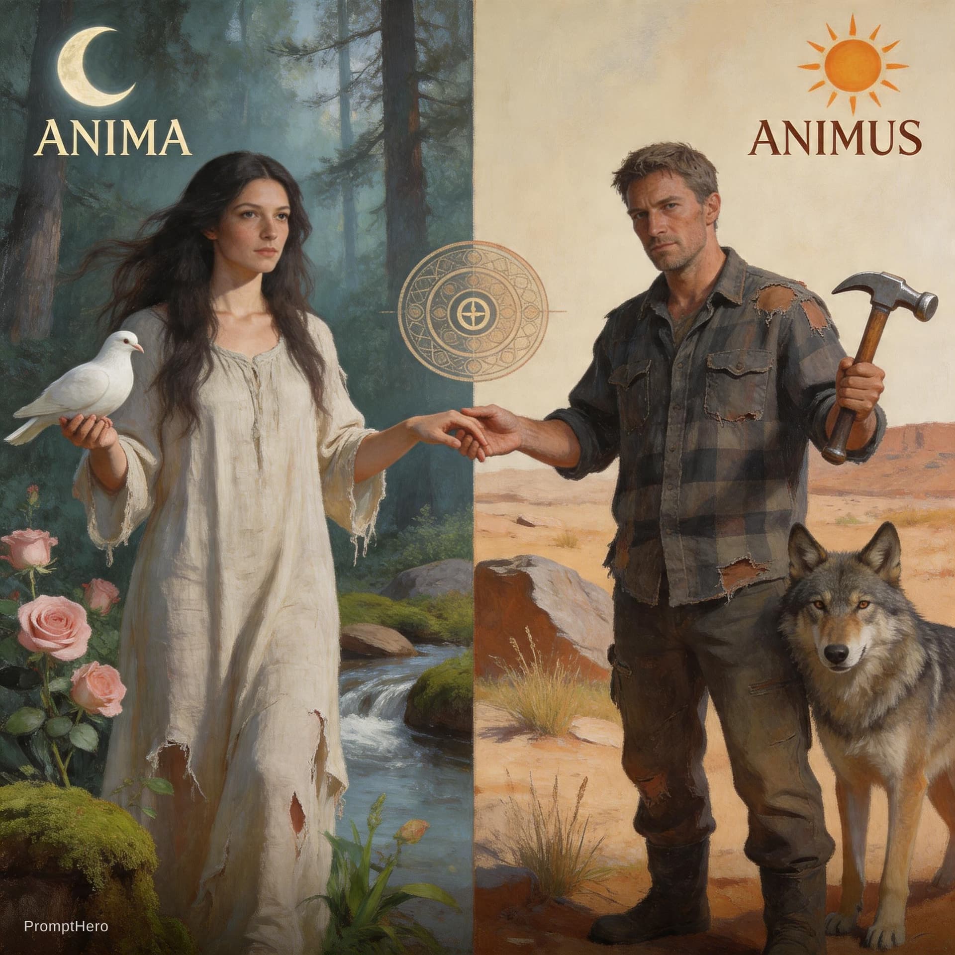 AI generated: Style Paul McCarthy. imagine an image depicting Jungian archetypes of the anima (female) and animus ...