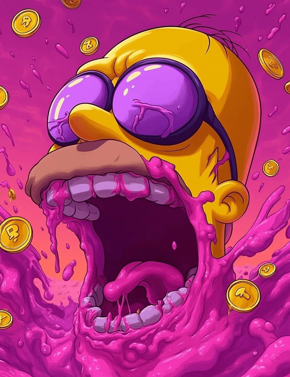 AI generated: Simpsons-style cartoon art, with an eye patch on the left side of the character's face and purple an...