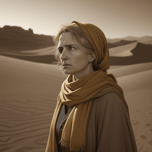 AI generated:  a woman wearing a yellow scarf, in the style of biblical drama, light brown and amber, desertwave, ...