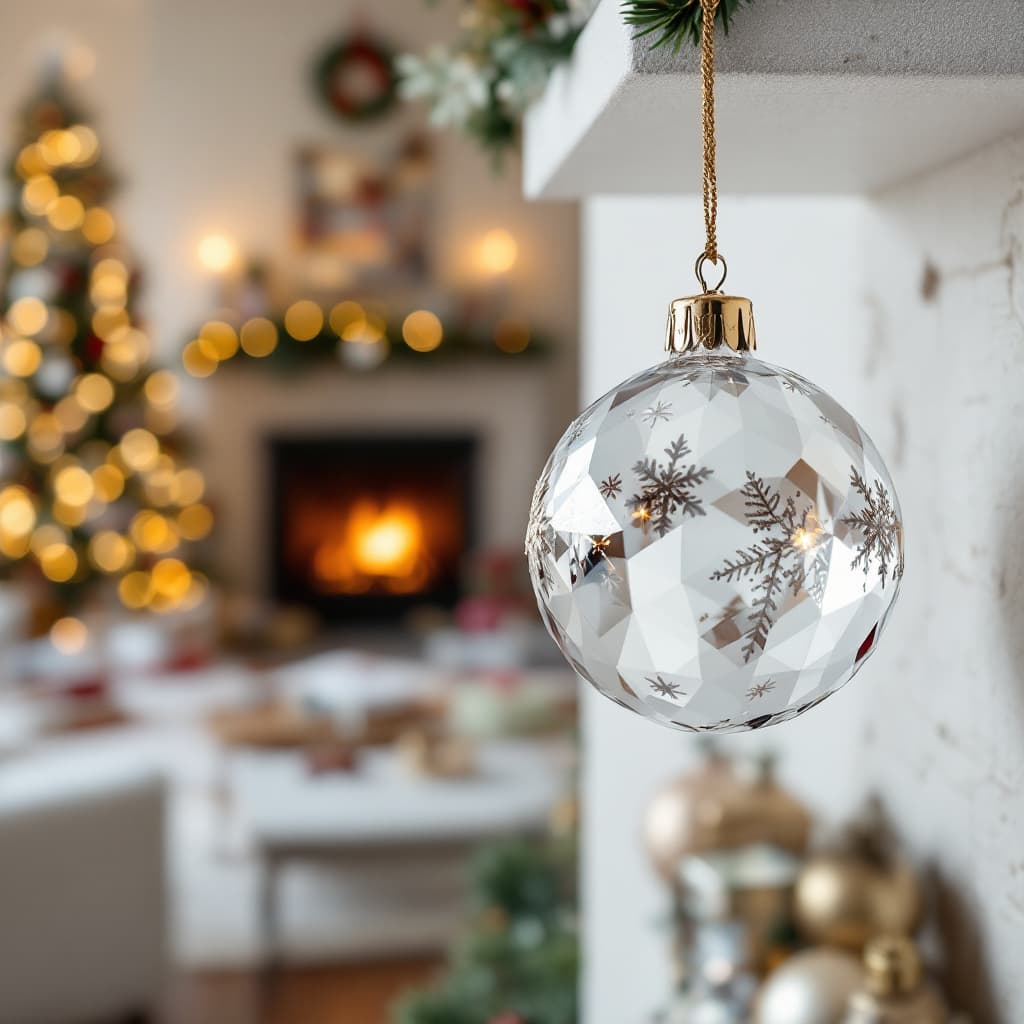 AI generated:  transparent crystal ornament  . The shelf is filled with many Christmas ornaments. In the backgroun...