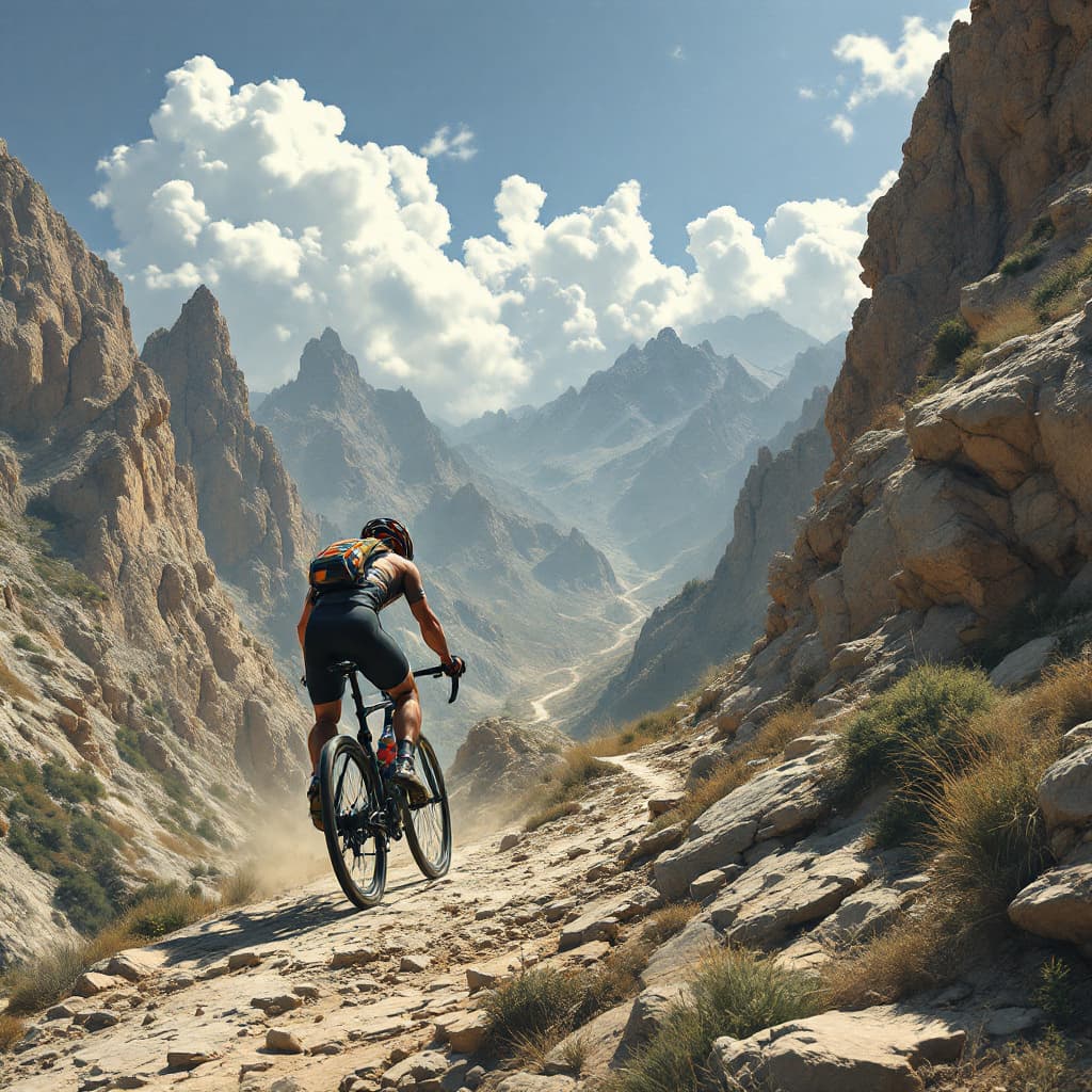 AI generated: Cyclist, Male, Riding out of the saddle, riding up the mountains, sa calobra hair pin turns, in the ...