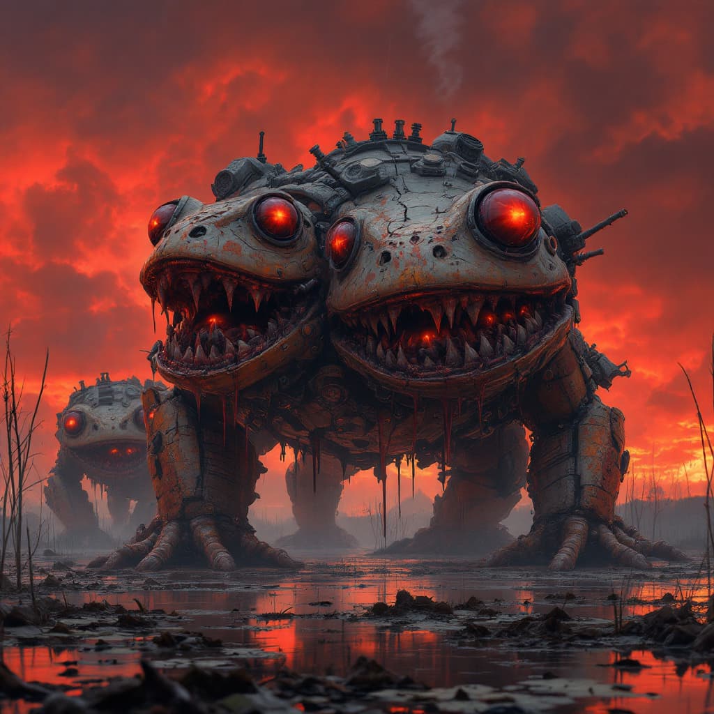 AI generated: An ominous, hyperrealistic digital painting of a colossal war machine built from grotesque, cannibal...