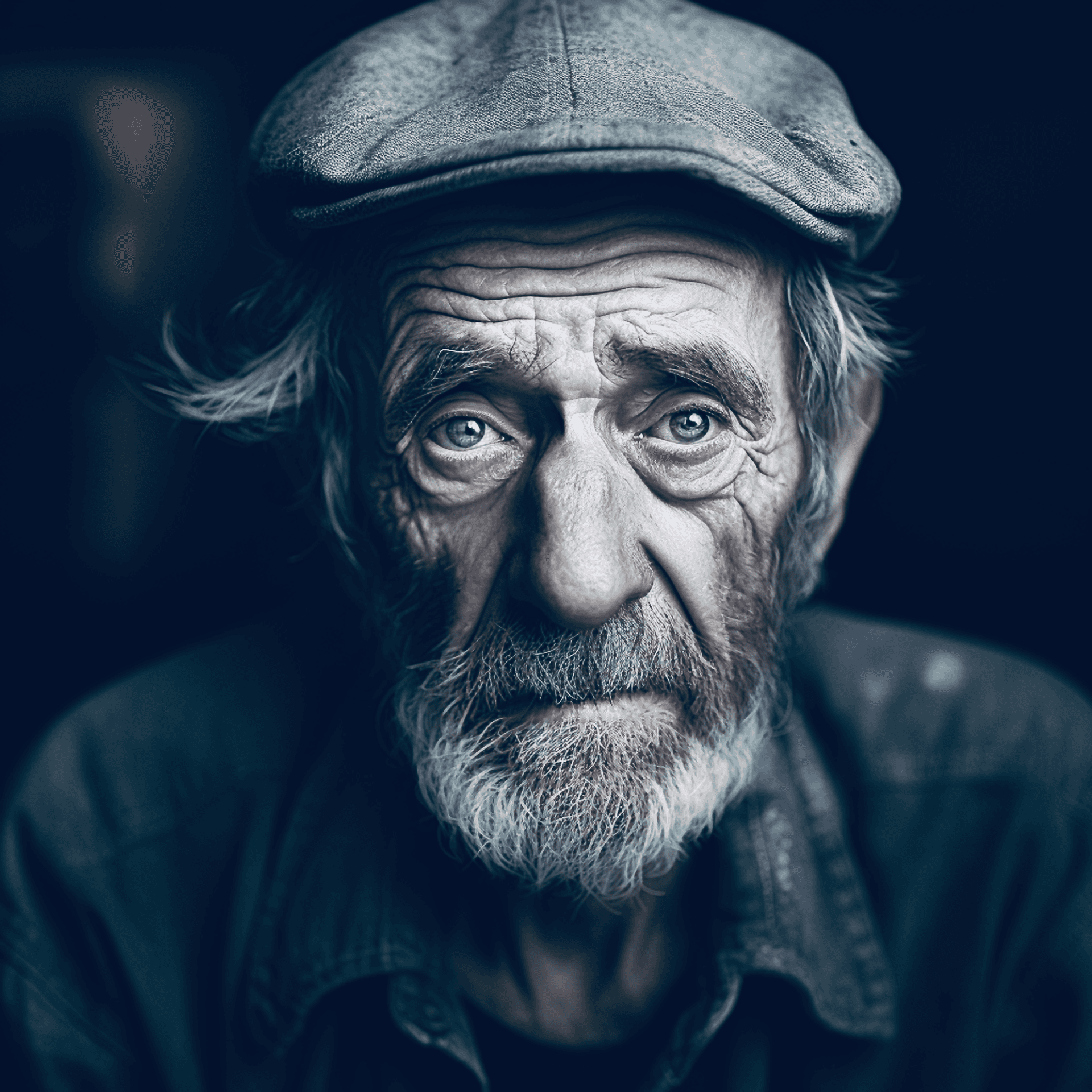 AI generated: old man with sad eyes, lots of wrinkles, portrait filmed with an Leica camera, black & white, cinema...