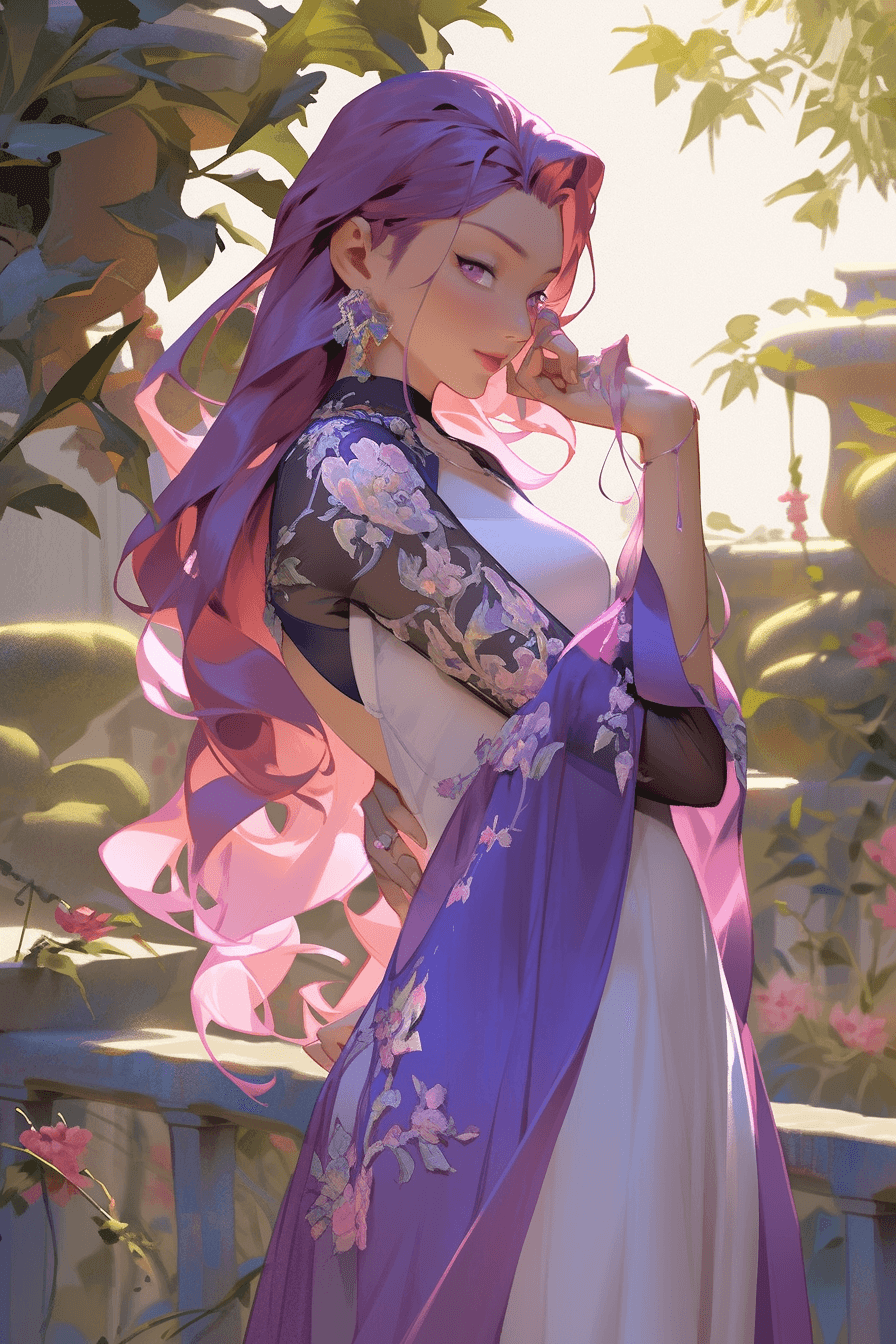 AI generated: A mischievous anime princess from the Qing dynasty with a rose hairpin and a satin ribbon at twiligh...