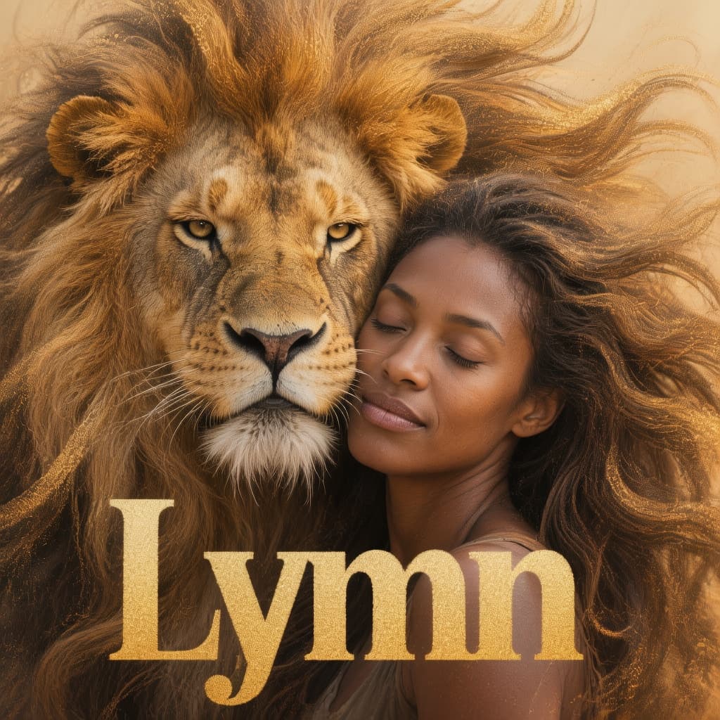 AI generated: A top-down close-up view of a black woman and a lion in a tender embrace. The male lion's majestic g...