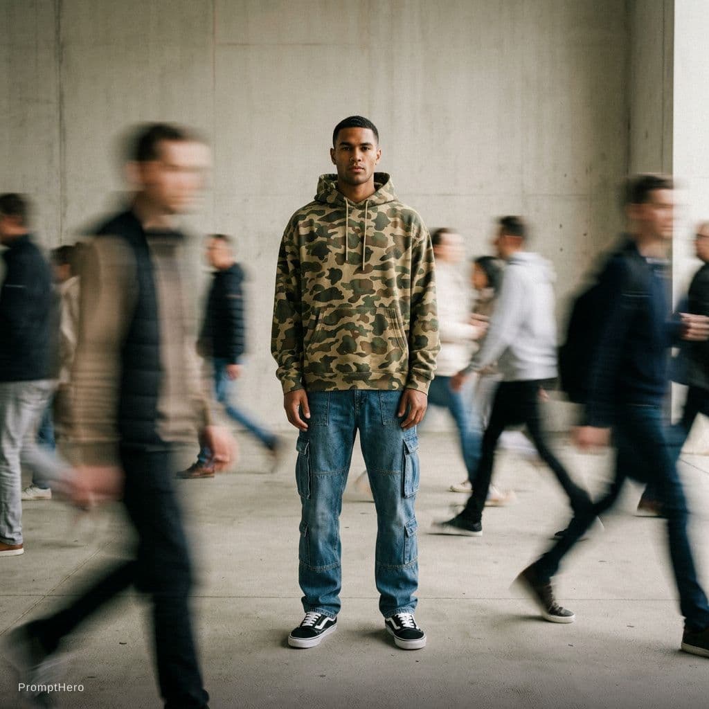 AI generated: photography, snap shot, male model, front pose, full-body, surrounded by a blurred motion, wearing c...