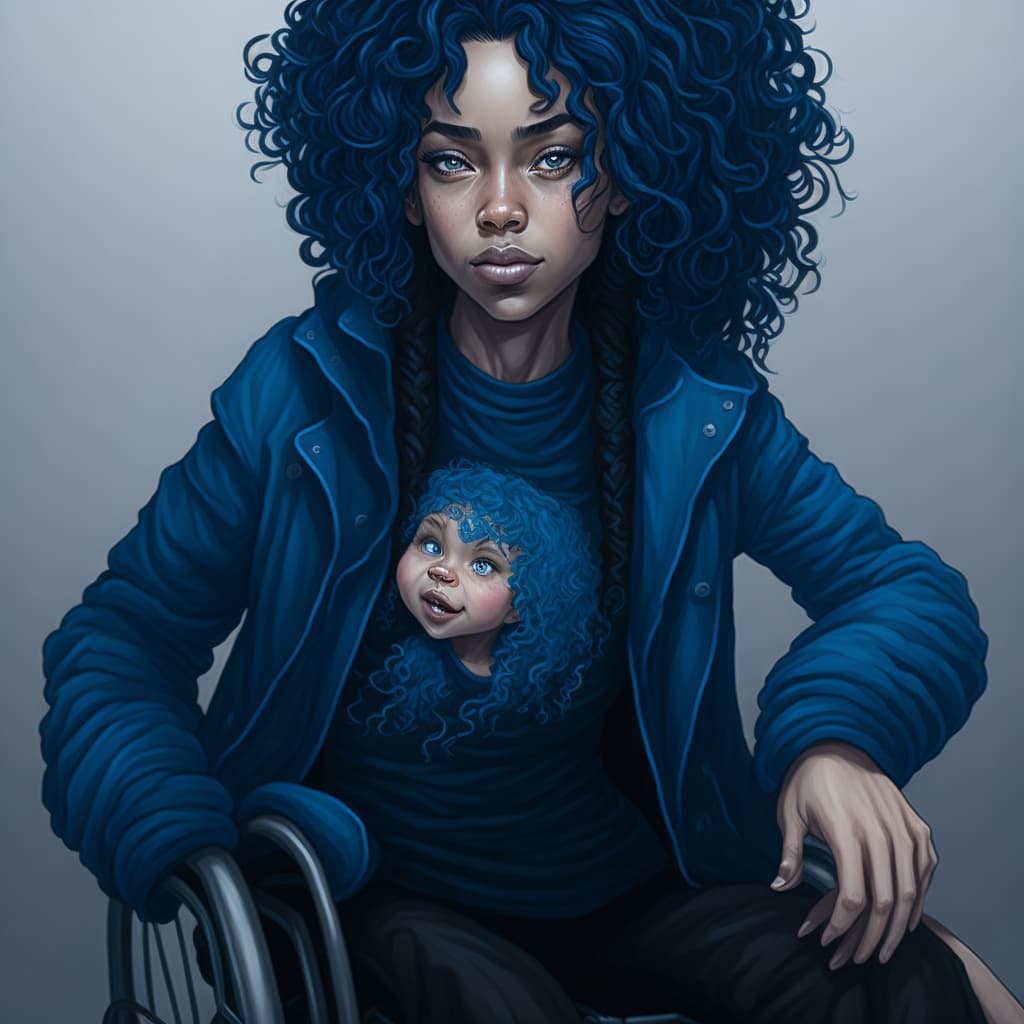AI generated: brunette girl in a wheelchair with beautiful blue eyes, horrible lips, curly blue and black hair,