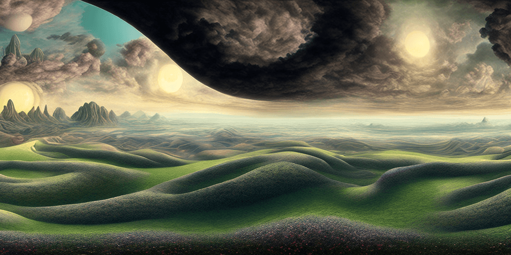 AI generated: a surrealisitc dreamy panoramic landscape, a dreamscape in a parallel universe, a warning for those ...