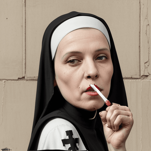 AI generated: a realistic painting of a nun smoking a cigarette, style of banksy, religious art,  art, nun, banksy...