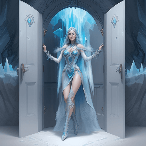 AI generated: ice princess standing in doorway to blue ice glacier fortress, fantasy, intricate, elegant, highly d...