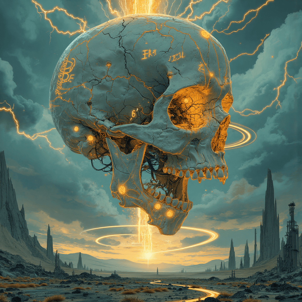 AI generated: A colossal, hyperrealistic human skull, 200 meters across, floats ominously in the sky like a godly ...