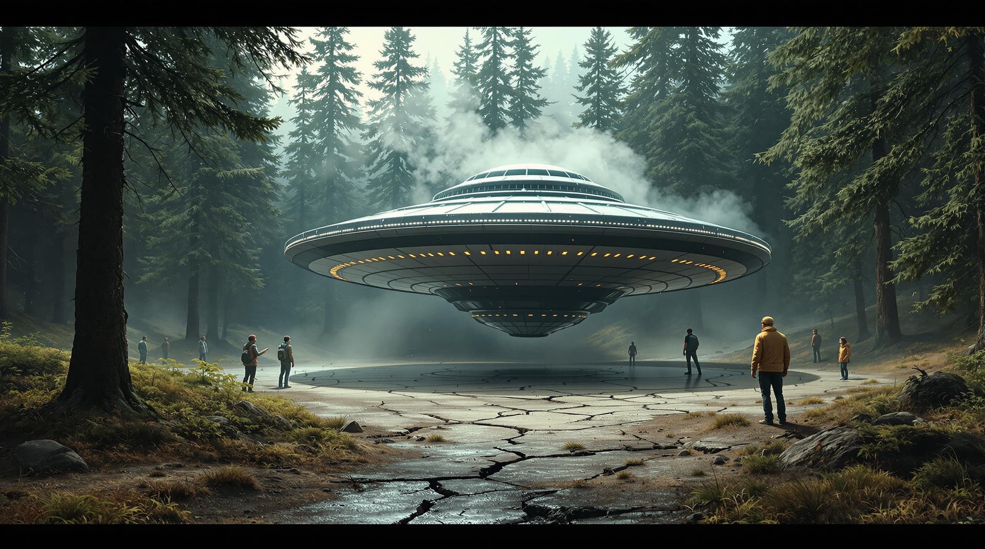 AI generated: In a Highly realistic spruce forest, a highly detailed UFO sits on the ground at an angle with smoke...