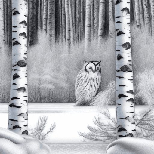 AI generated: Create a stunning Finnish landscape, in winter, pencil drawn. There is a big birch forest where a sn...
