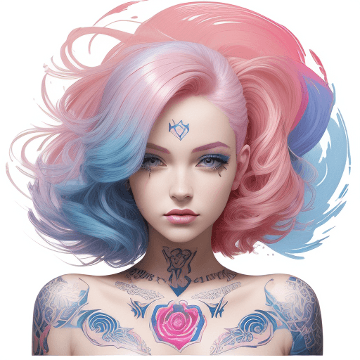 AI generated: beauty beautiful model prismatic tattoo designs by karimah,  rose pink hair coloring for a woman, in...