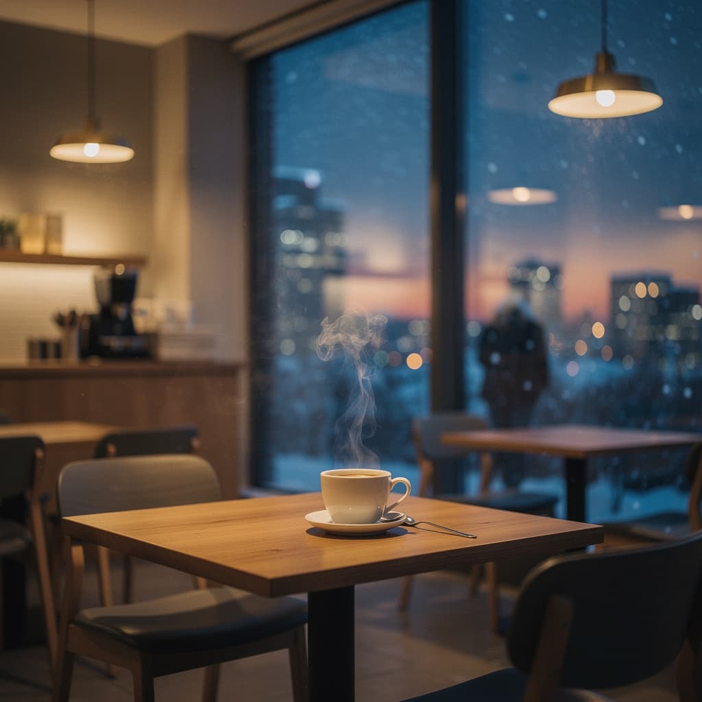 AI generated: Inside a cozy winter café at dusk, large floor-to-ceiling windows showing a snowy city skyline glowi...