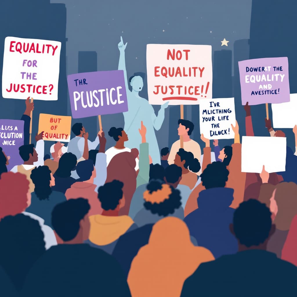 AI generated: 20240728153957list 2 Lofi illustration of a community rally with people holding 6 big signs advocati...
