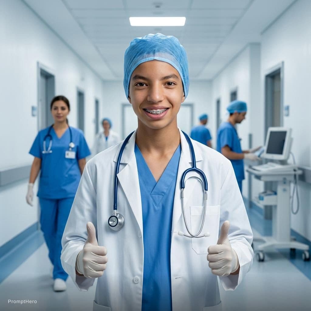 AI generated: A photorealistic portrait of a child as a confident skilled surgeon. Wearing blue surgical scrubs, a...