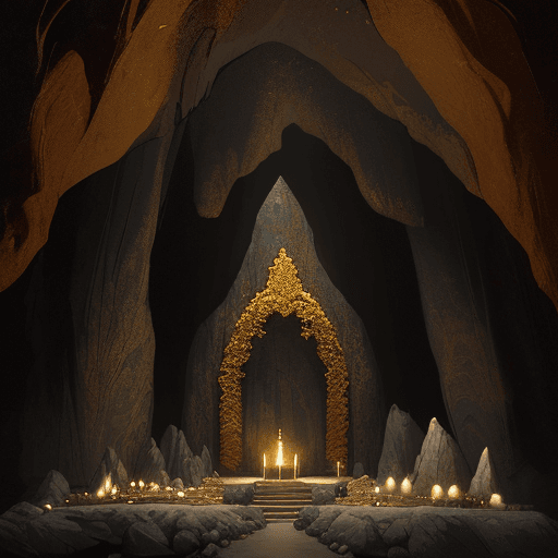 AI generated: new art : a teardrop-shaped treasure inside a cave on a altar. satara by johnny taylor, in the style...