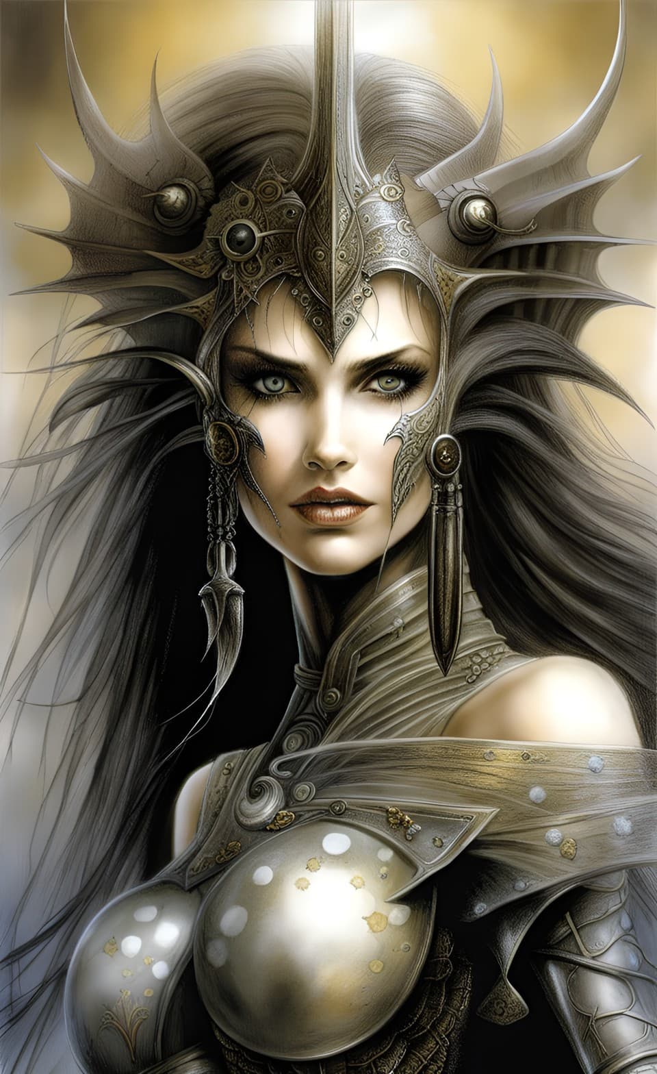 AI generated: ((a portrait)) in the (fantasy style of luis royo)), of an ancient female ethereal sorceress queen, ...