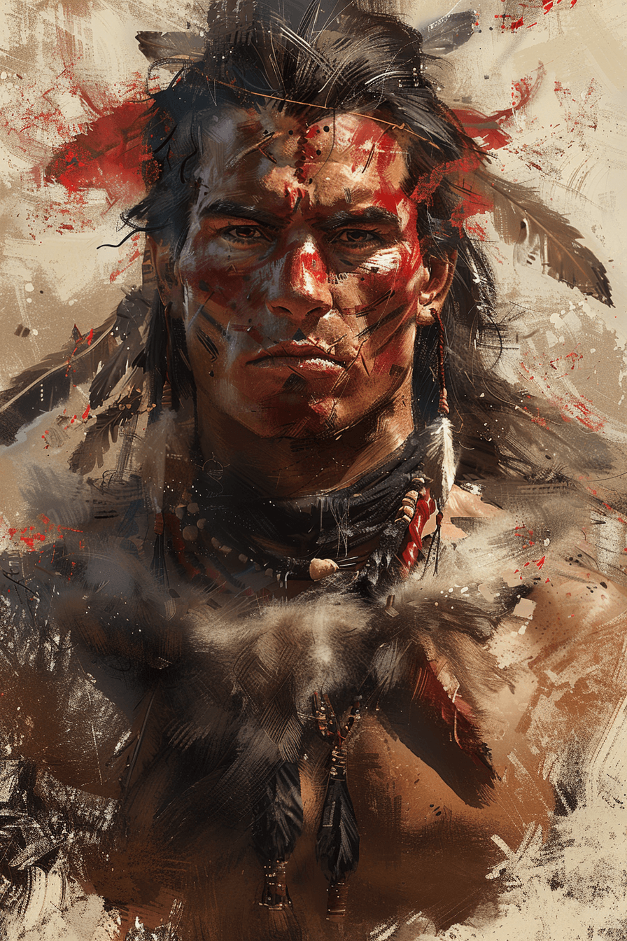 AI generated: A portrait of an Indian warrior with red paint on his face, feathers in his hair, and war paint arou...