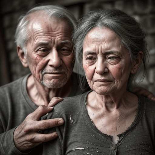 AI generated: Time-weathered couple, aged characters etched with life's journey, carrying the weight of experience...